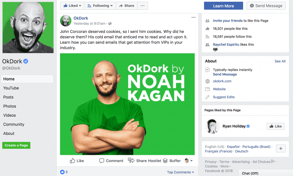 OkDork Noah Kagan Facebook Engagement